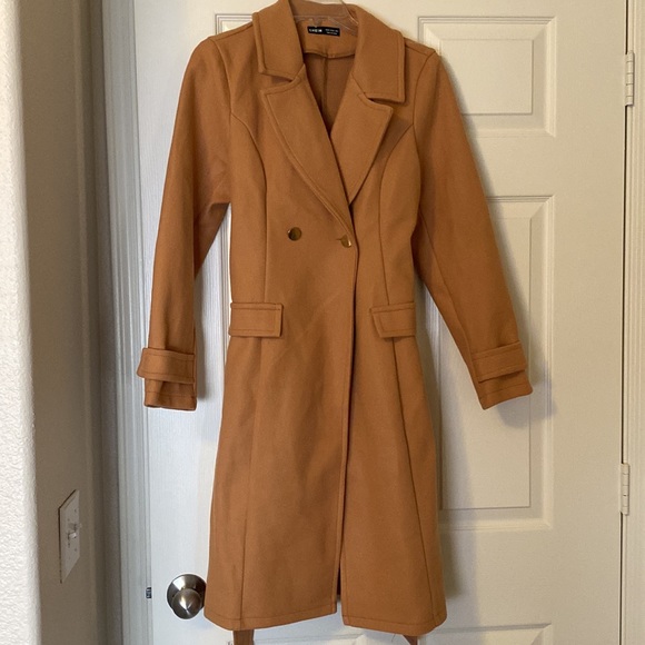 Shein • Camel Wrap Coat w/Faux Pockets, Gold Buttons & Fabric Tie • Medium - Picture 2 of 3
